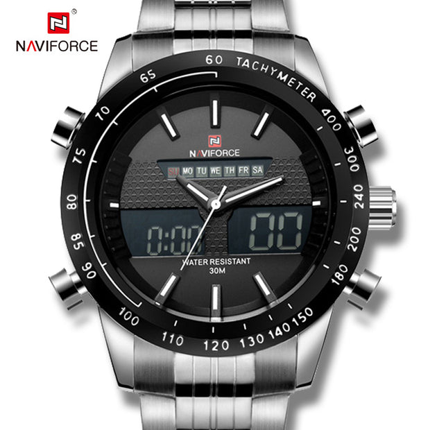 Original naviforce Dual time With Heavy Weight Sliver Chain (Copy) - Black Dial With White Needle image