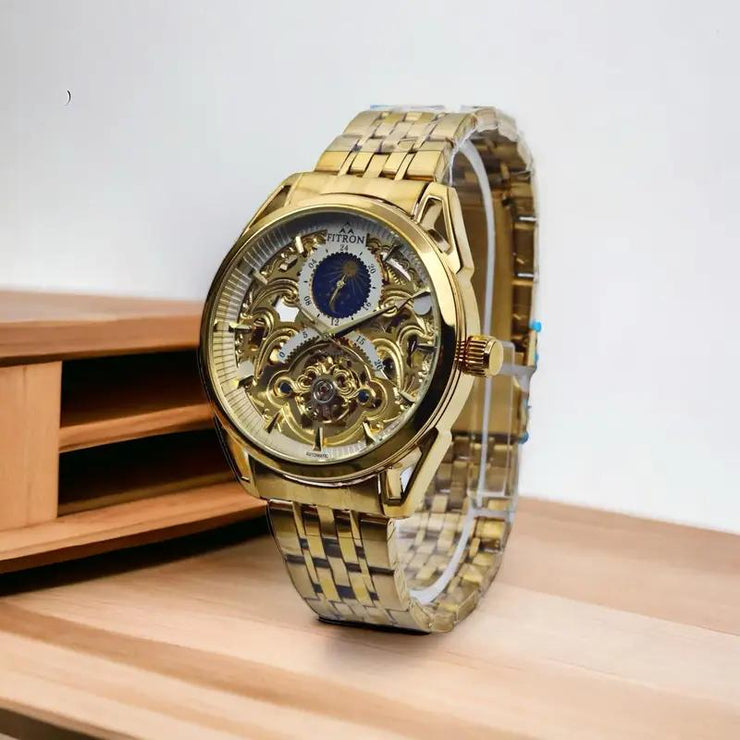 Skeleton Automatic Moon Graph Working  Golden Chain With White Dial image 3