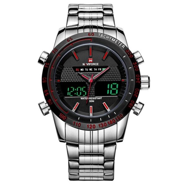 Original naviforce Dual time With Heavy Weight Sliver Chain (Copy) - Black Dial With Red needle image