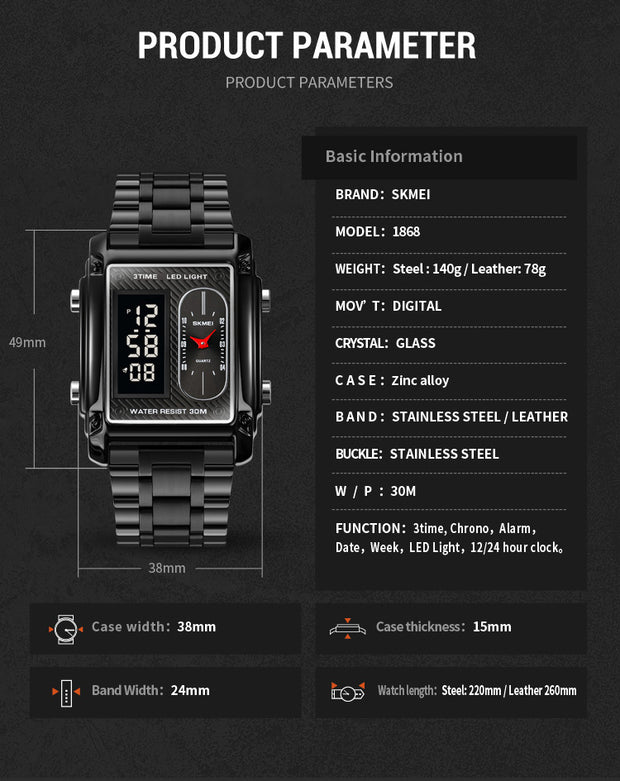 Original SKM Black Chain Square Dual time image 1