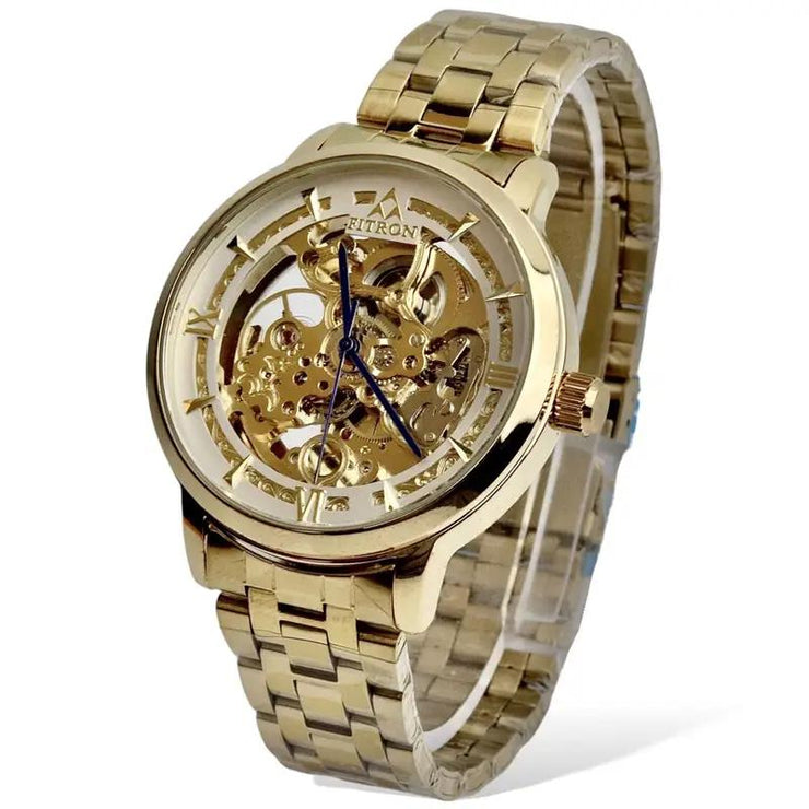 Skeleton Automatic Watch Golden Chain With Golden White Dial