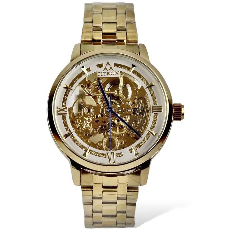 Skeleton Automatic Watch Golden Chain With Golden White Dial