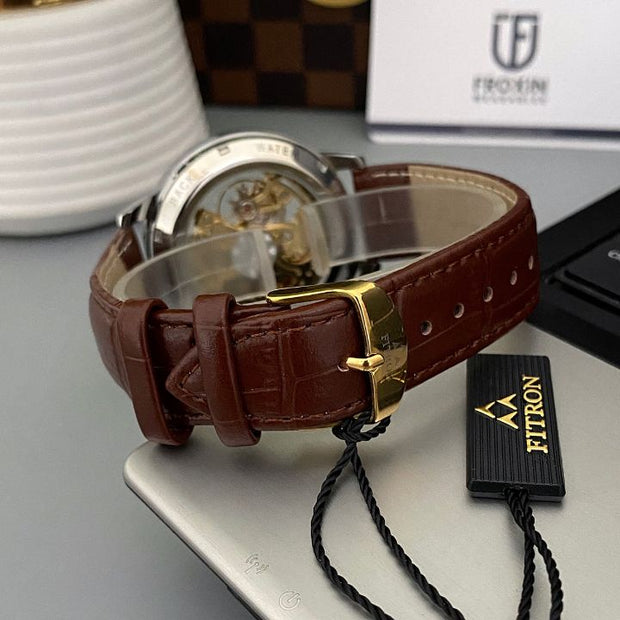 Skeleton Automatic Brown leather belt With Golden Dial