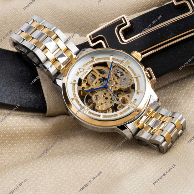 Skeleton Automatic Watch Two tone chain With Golden White