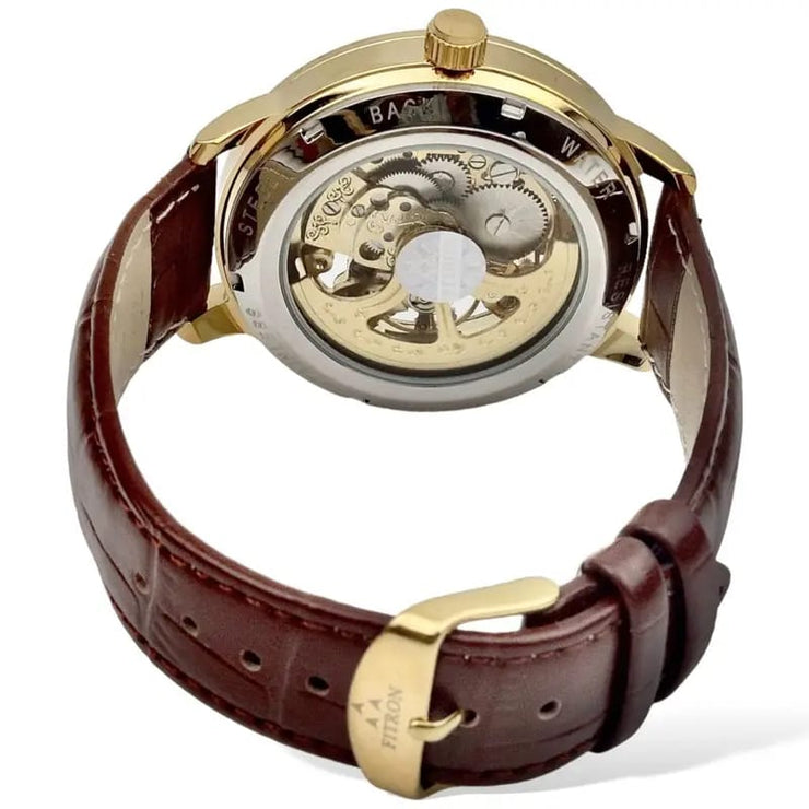 Skeleton Automatic Brown leather belt With Golden Dial