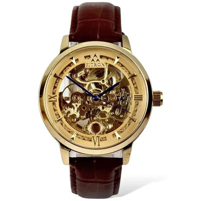 Skeleton Automatic Brown leather belt With Golden Dial