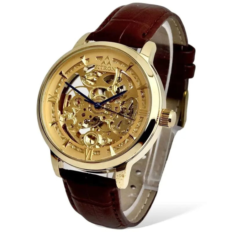 Skeleton Automatic Brown leather belt With Golden Dial