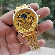 Skeleton Automatic Watch sun moon phase gold chain With Gold dial