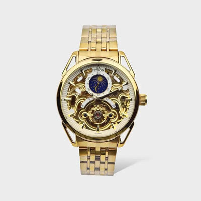 Skeleton Automatic Watch sun moon phase gold chain With white dial