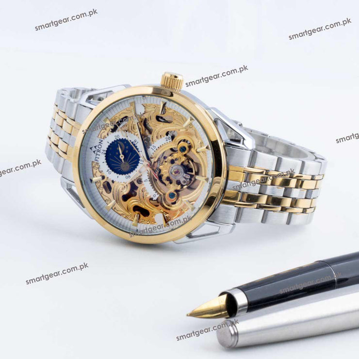 Skeleton Automatic Watch sun moon phase Two chain With White dial