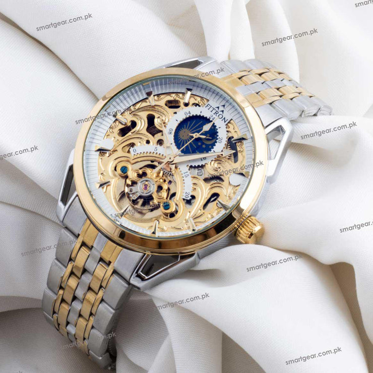 Skeleton Automatic Watch sun moon phase Two chain With White dial