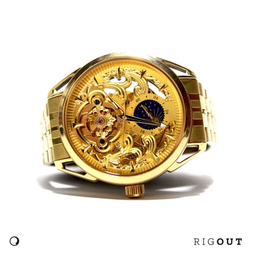 Skeleton Automatic Watch sun moon phase gold chain With Gold dial